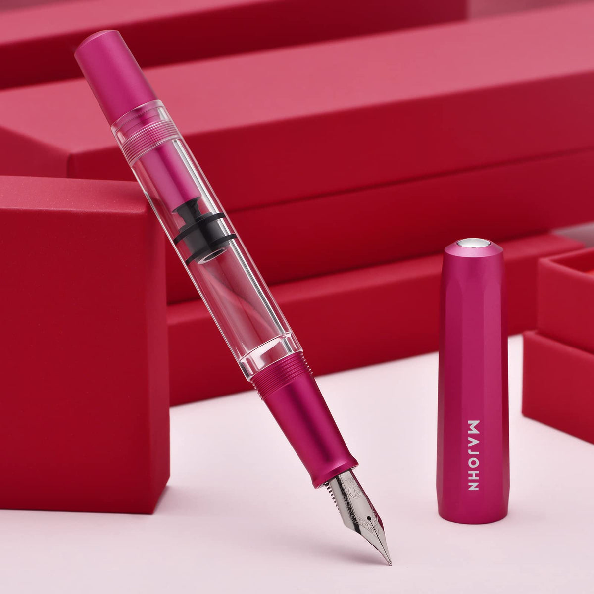 Majohn T1 Piston Fountain Pen Fine, Red Aluminium Clear Acrylic Large Ink Capacity Writing Pen Box