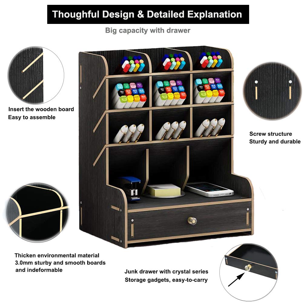 Marbrasse Wooden Desk Organizer, Multi-Functional DIY Pen Holder, Organizer for desk, Desktop