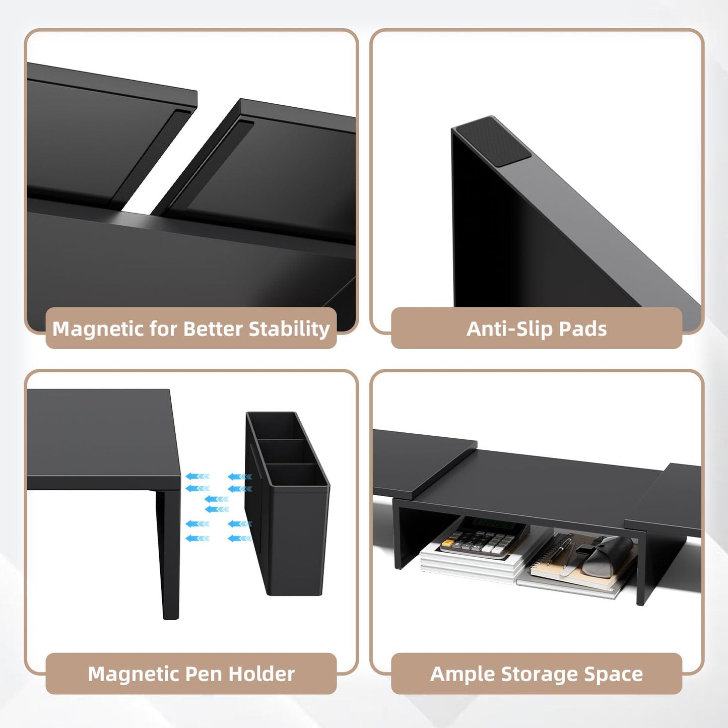 AUPSEN Dual Monitor Stand Riser with 2 Pen Holders, Desk Organizer, Black