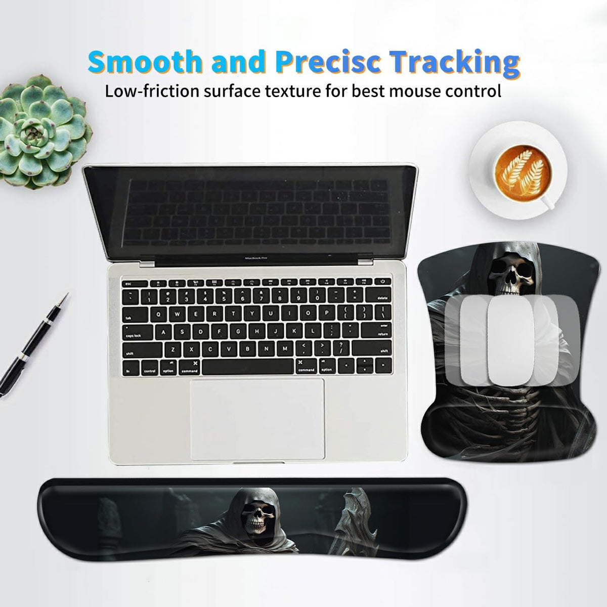 Dikoer 3Pcs Ergonomic Memory Foam Keyboard Wrist Rest Pad Set, Cool Skull