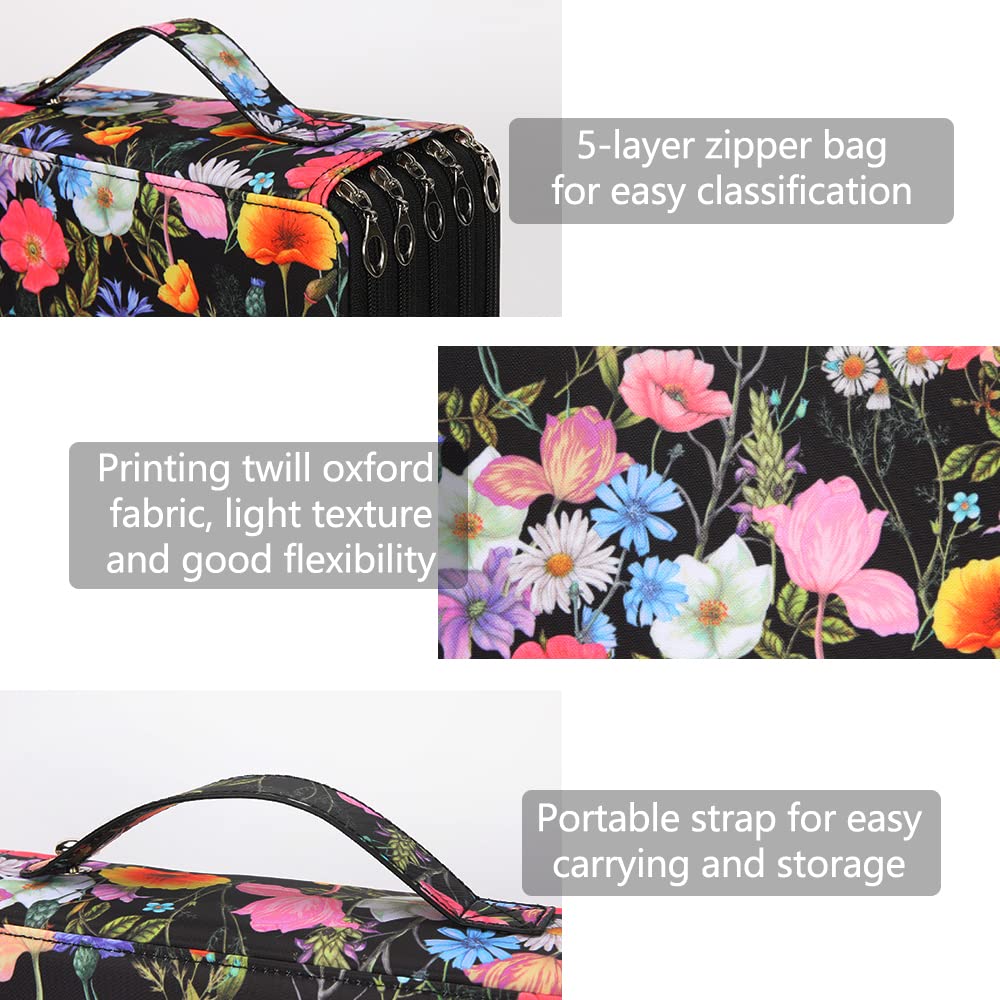Vomgomfom 252 Slots Pencil Case 5-Layer PU Leather, Handle, Black Rose