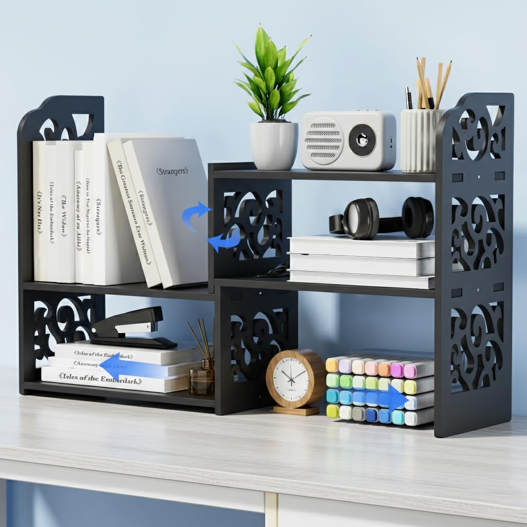 YGYQZ Adjustable Desktop Shelf Organizer, 3-Tier Desk Shelf, Black Pattern