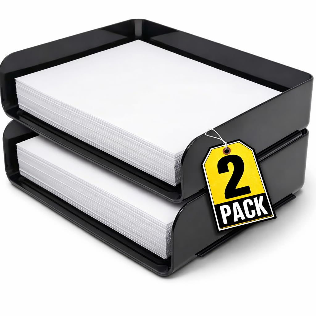 1InTheOffice 2-Tier Letter Tray Desk Organizer, Stackable, Side Load, Black, 2 Pack