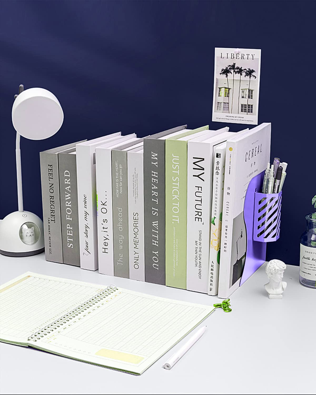 MSDADA Adjustable Bookends, Metal Book Ends for Heavy Books, Expandable Book Organizer with Pen