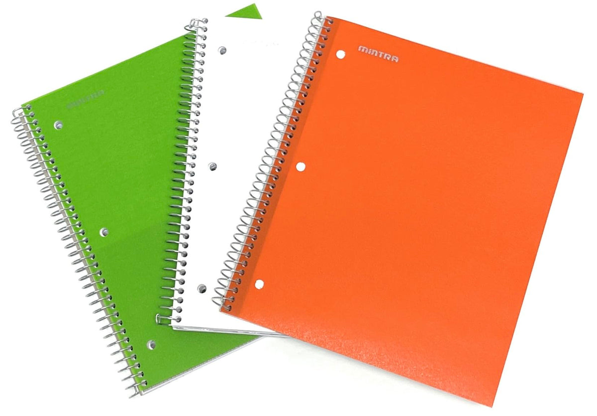 Mintra Office Durable Spiral Notebooks, 3 Subject (Green, White, Orange, College Ruled 3pk)