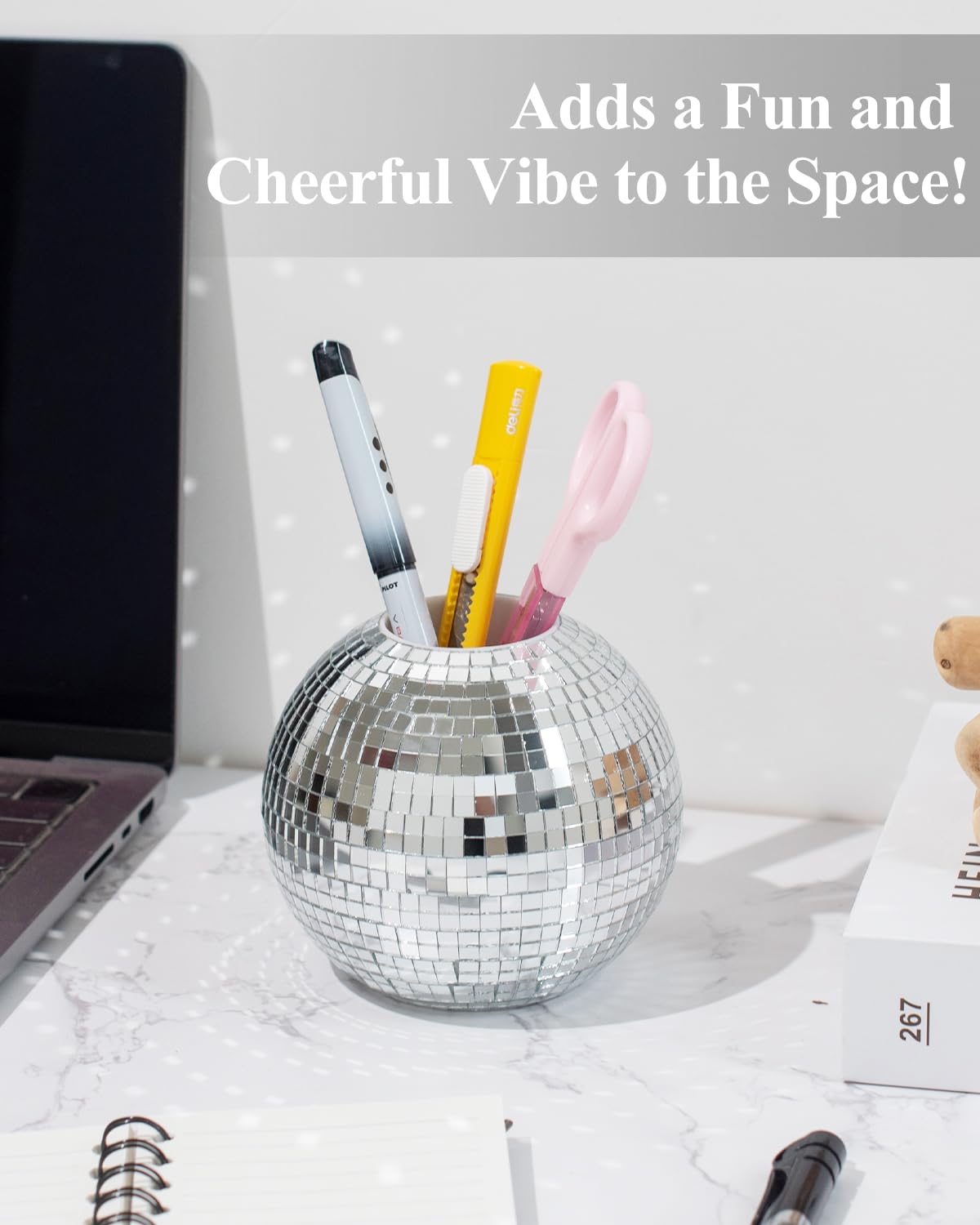 RGBDOT Disco Ball Pencil Holder for Desk - Pen & Makeup Brush Organizer with Silver Sequins, Disco
