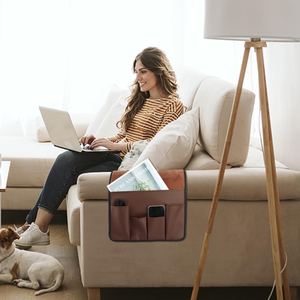 Anti-Slip PU Leather Velvet Sofa Couch Chair Armrest Soft Caddy Organizer Holder with 5 Pockets for