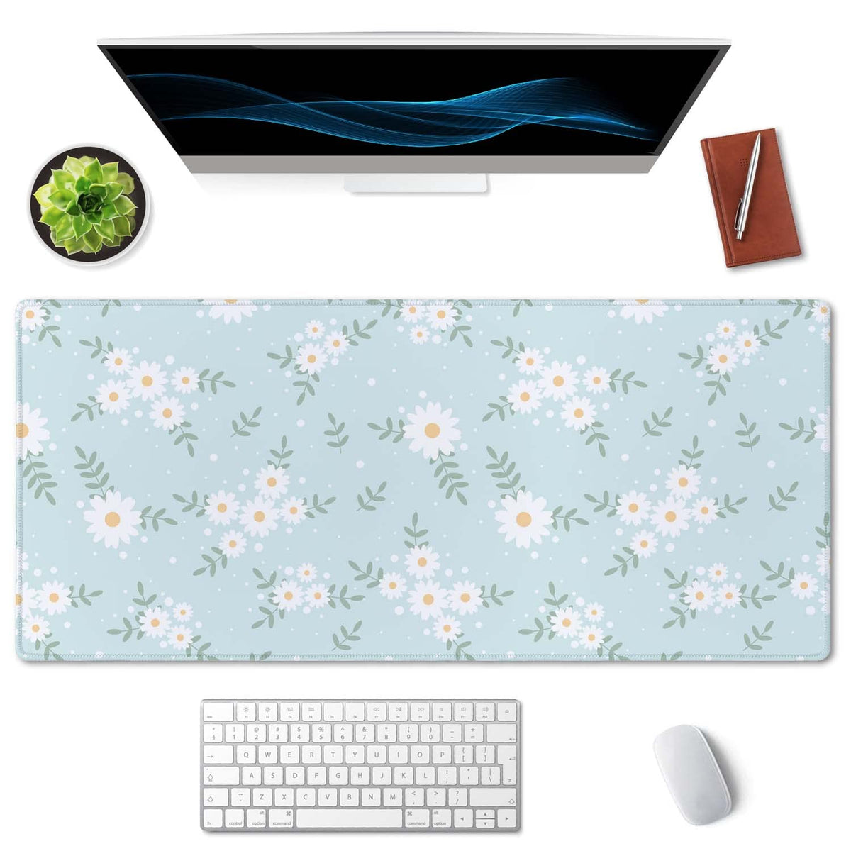 SSOIU Cute Spring Flowers Desk Mat, White Daisy Flower Mat, Extra Large Home Office Cute