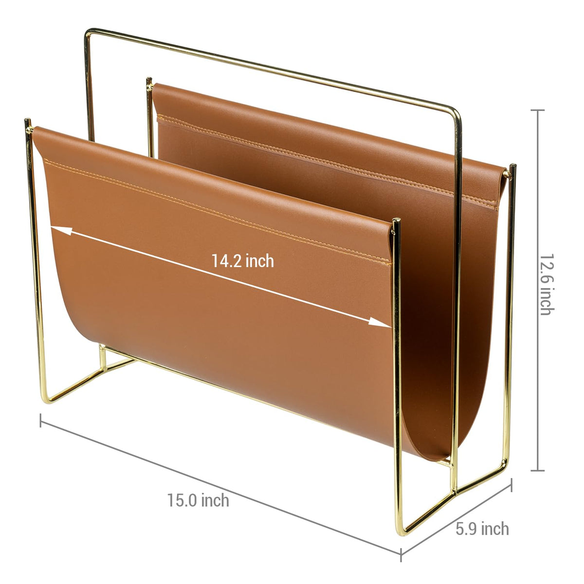 MyGift 15-Inch Magazine Holder Brown Leatherette Sling & Brass Plated Metal