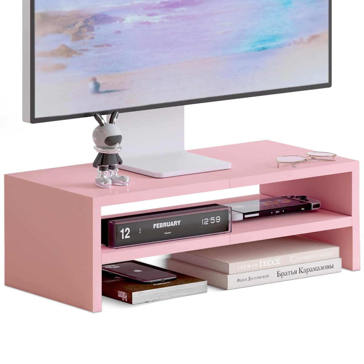 DS502P TEAMIX 20 inch Pink Monitor Riser Stand - 2 Tiers, Wood Desktop Bookshelf