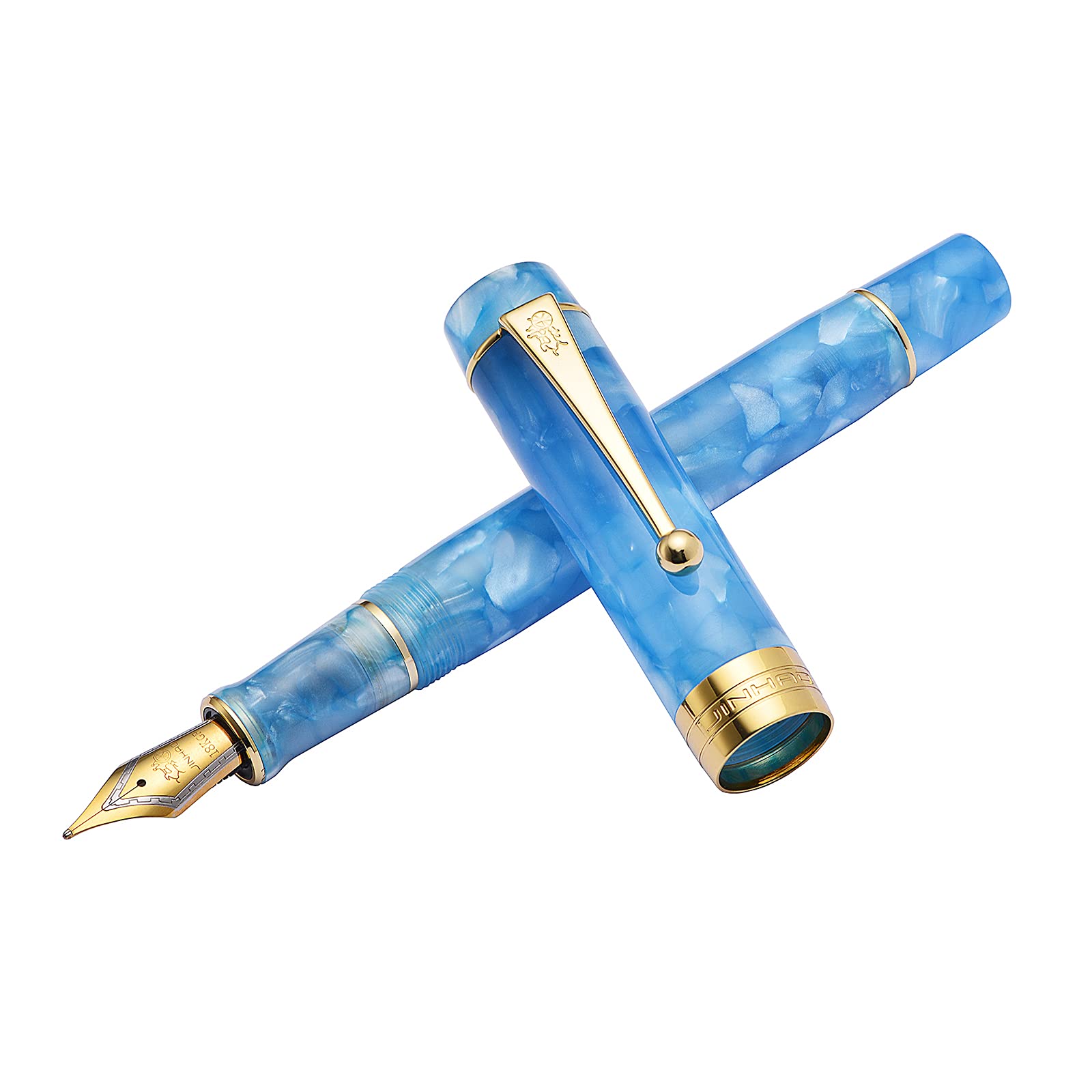 Jinhao 100 Classic Fountain Pen Sky Blue Celluloid Gold Trim, Medium Nib with Converter and Pen