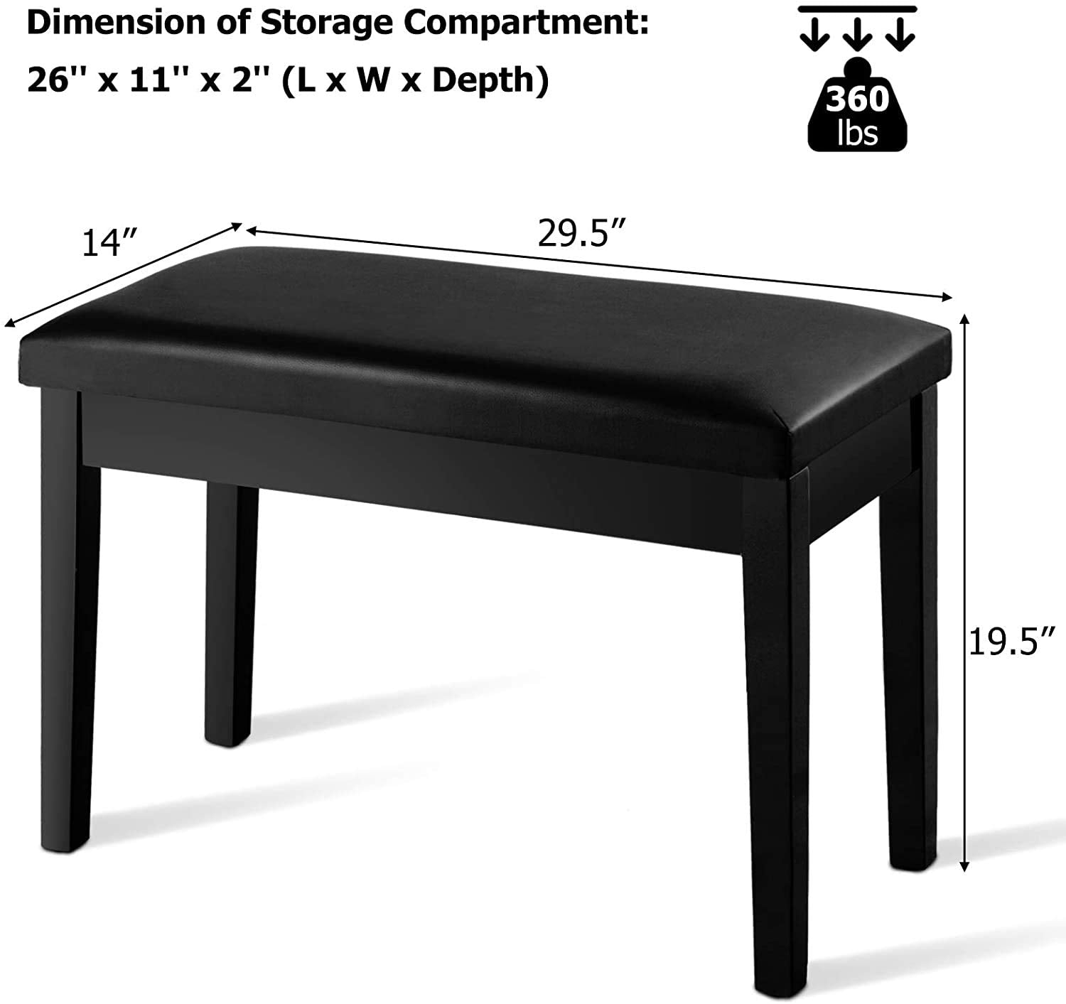 GOFLAME Duet Piano Bench, Black, PU Leather, Solid Wood Construction, Hidden Music Storage, 360 lbs