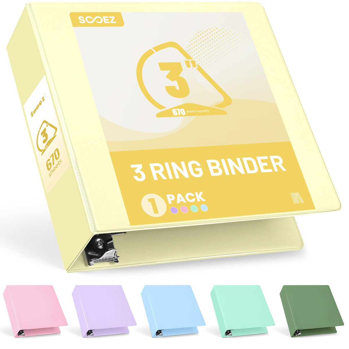 Sooez 3 Ring Binder 3 Inch, Large Binder with Pockets, Yellow, Letter Size
