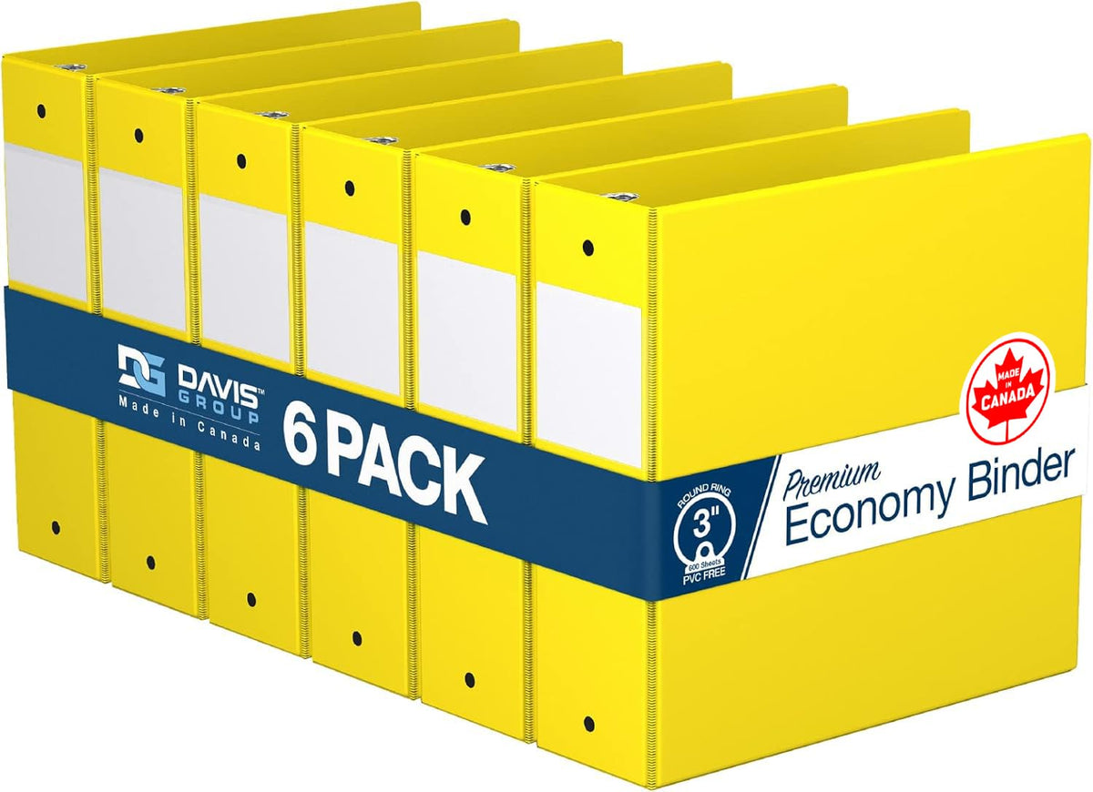 Premium Economy 3-Ring Binder, Spine Label, 3" Round Rings, Yellow, 6 Pack