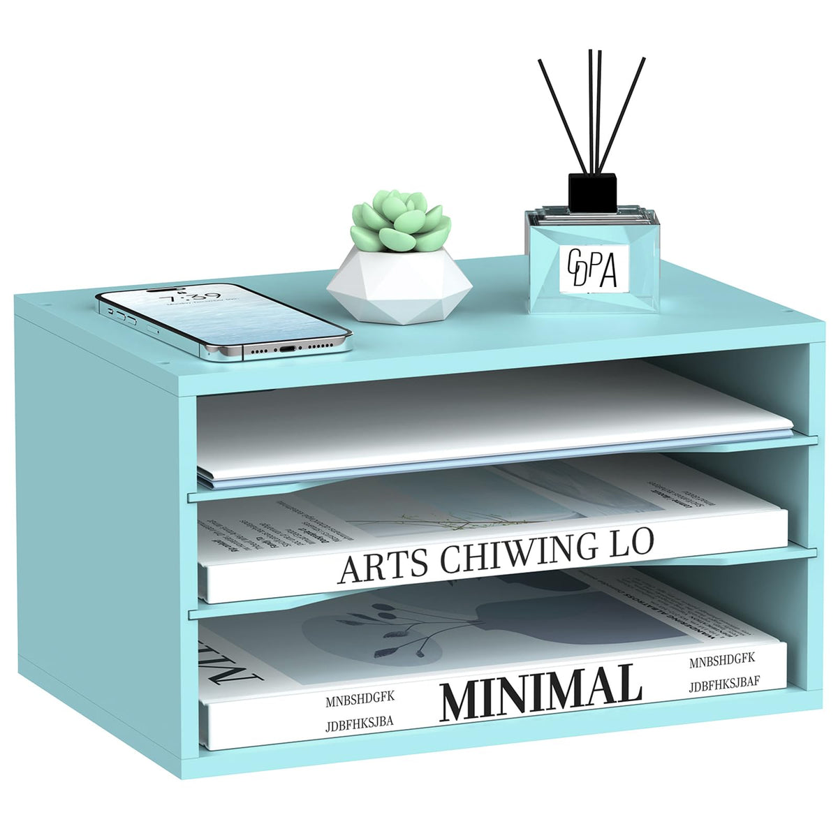 3 Tier Wood Desk Organizer, Mail Sorter and Paper Organizer for Desk, Blue