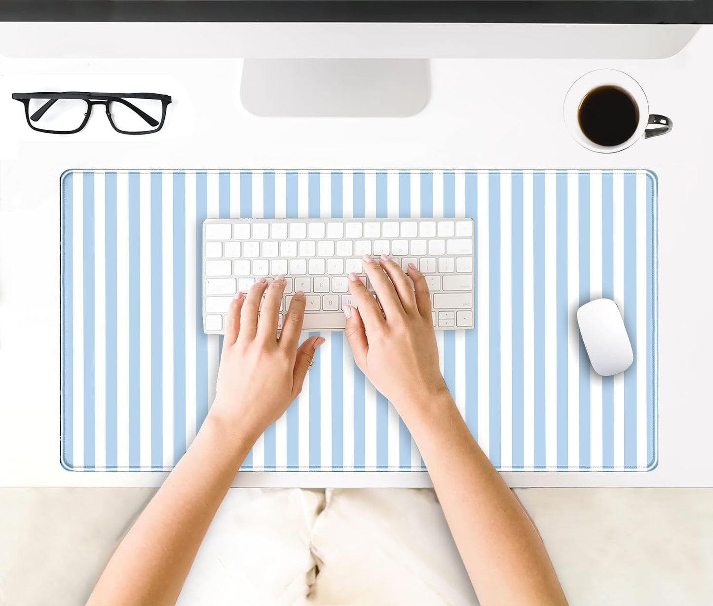 Nasdalgias Blue Striped Desk Mat Cute Pastel Large Mouse Pad Kawaii Aesthetic Extended Mat for Home