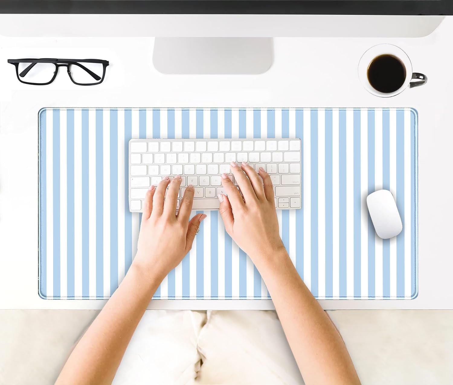 Nasdalgias Blue Striped Desk Mat Cute Pastel Large Mouse Pad Kawaii Aesthetic Extended Mat for Home