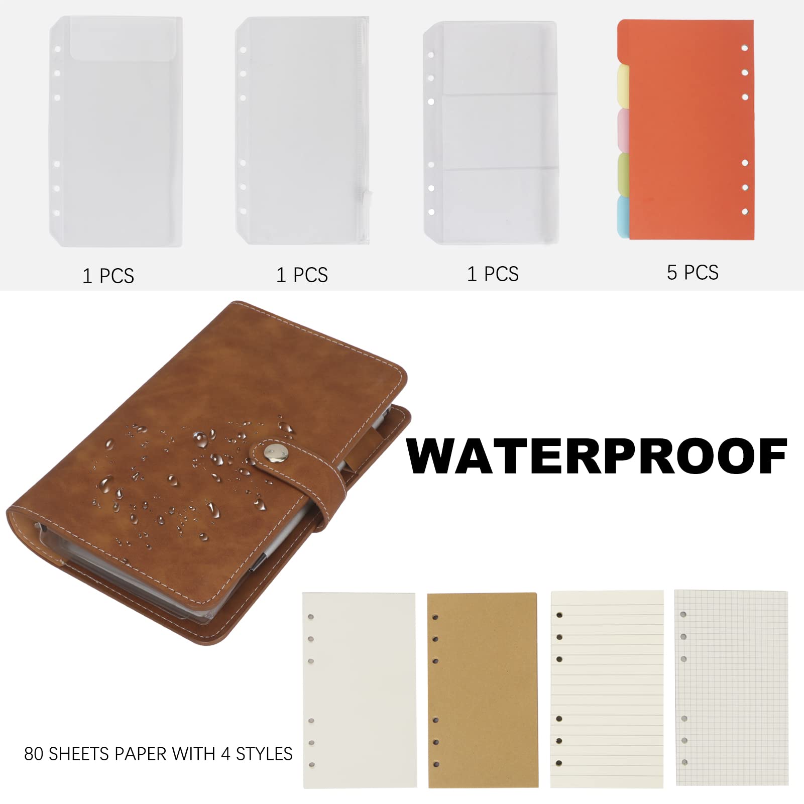 FYY A6 Binder Refillable Planner Notebook 6 Ring, Brown