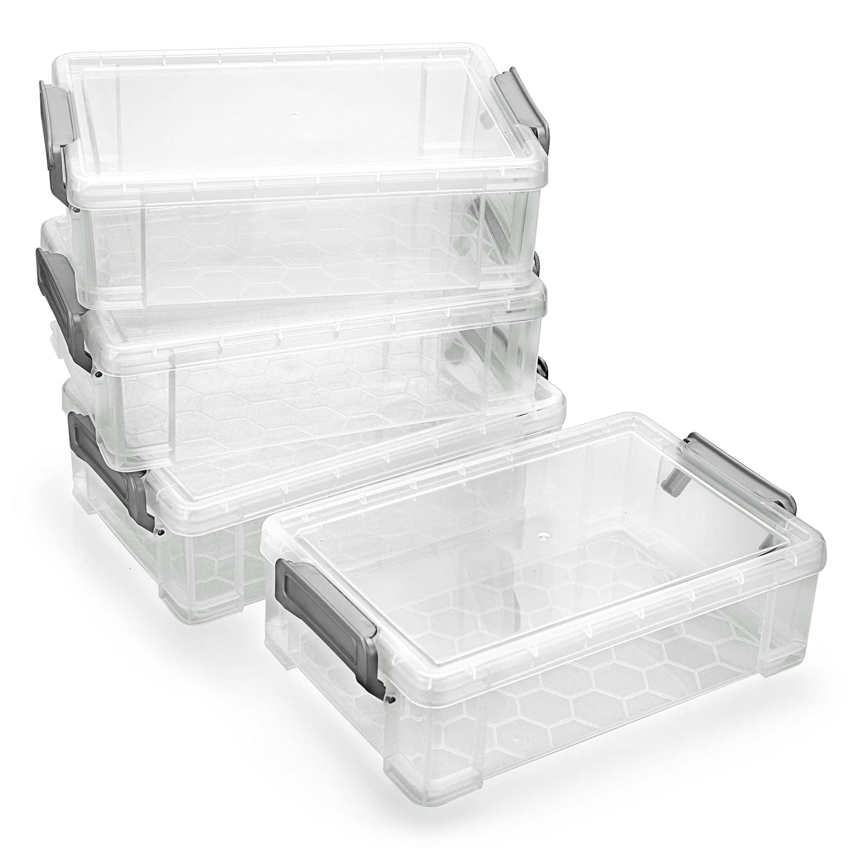 BTSKY 4 Pack Extra Large Plastic Pencil Box Stackable, Translucent, Grey