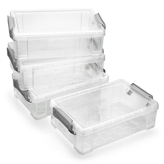 BTSKY 4 Pack Extra Large Plastic Pencil Box Stackable, Translucent, Grey