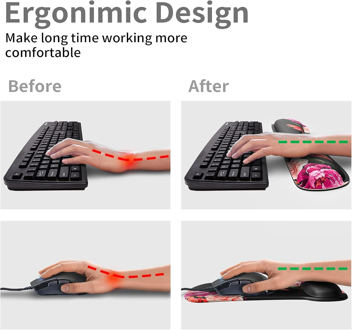 Wrist Rest Support Ergonomic Gel Mouse Pad & Memory Foam Keyboard Set Non-Slip Rubber PU Base Easy