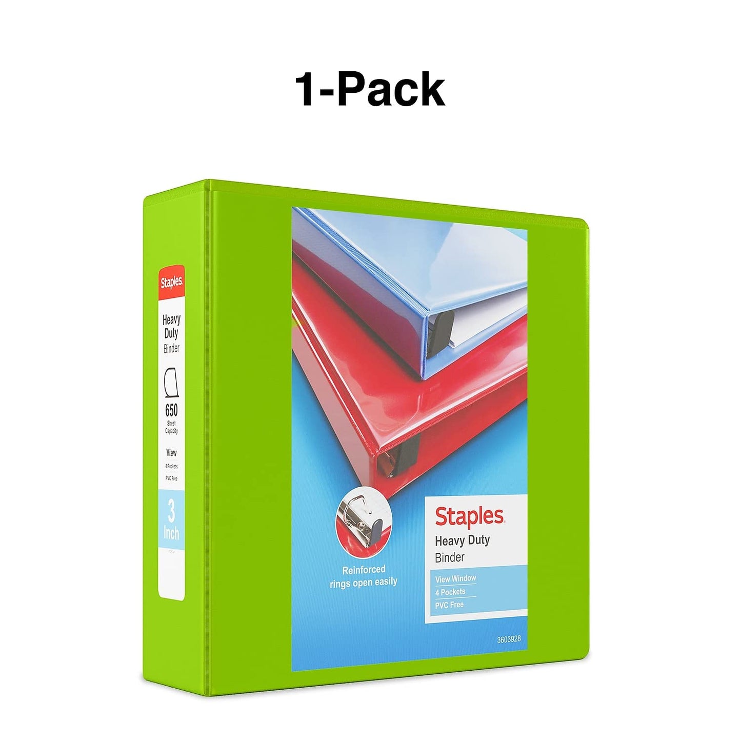 Staples Heavy-Duty 3-Inch D-Ring View Binder, Chartreuse