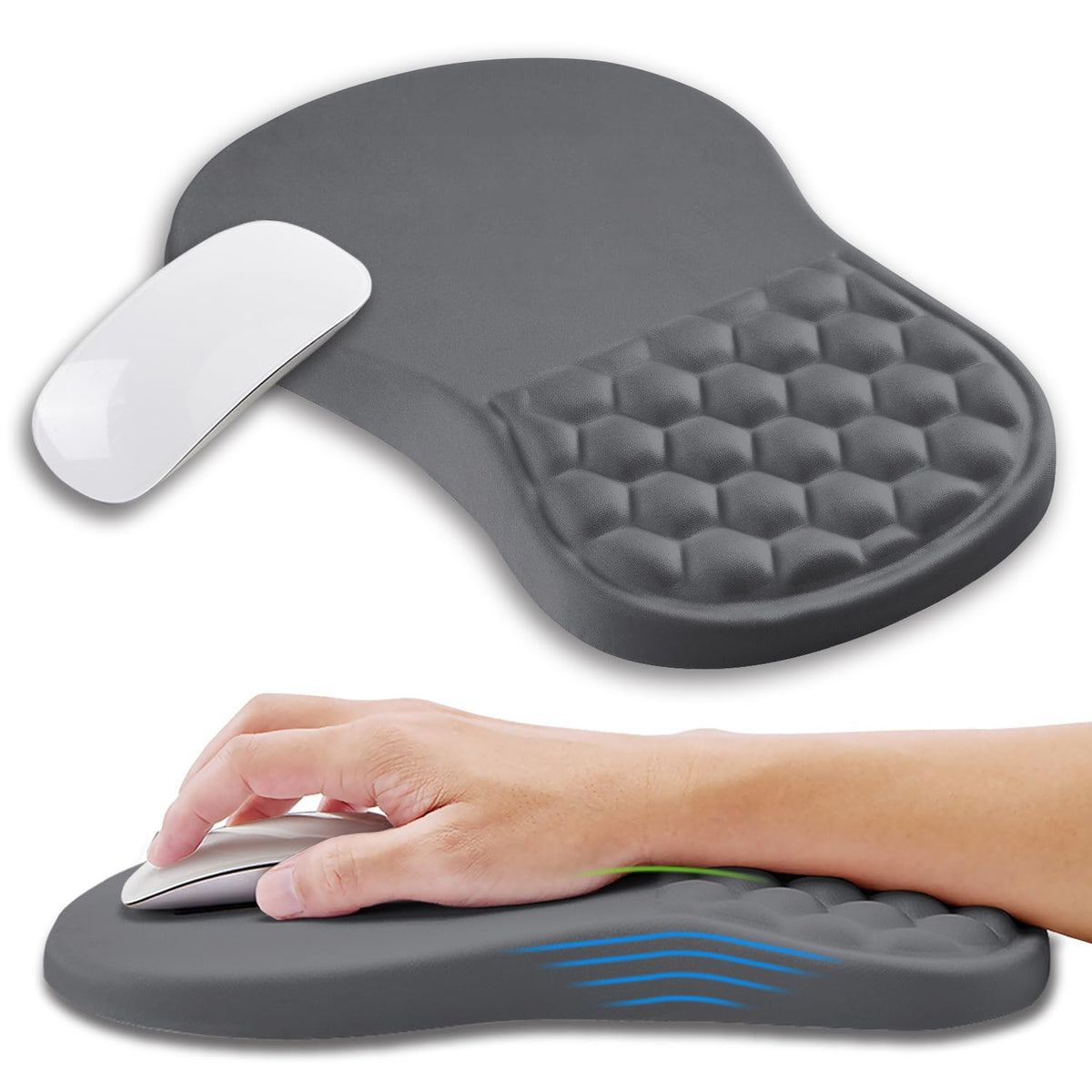 Kuosgm Ergonomic Mouse Pad Wrist Support with Memory Foam Massage Bulge, Carpal Tunnel Pain Relief