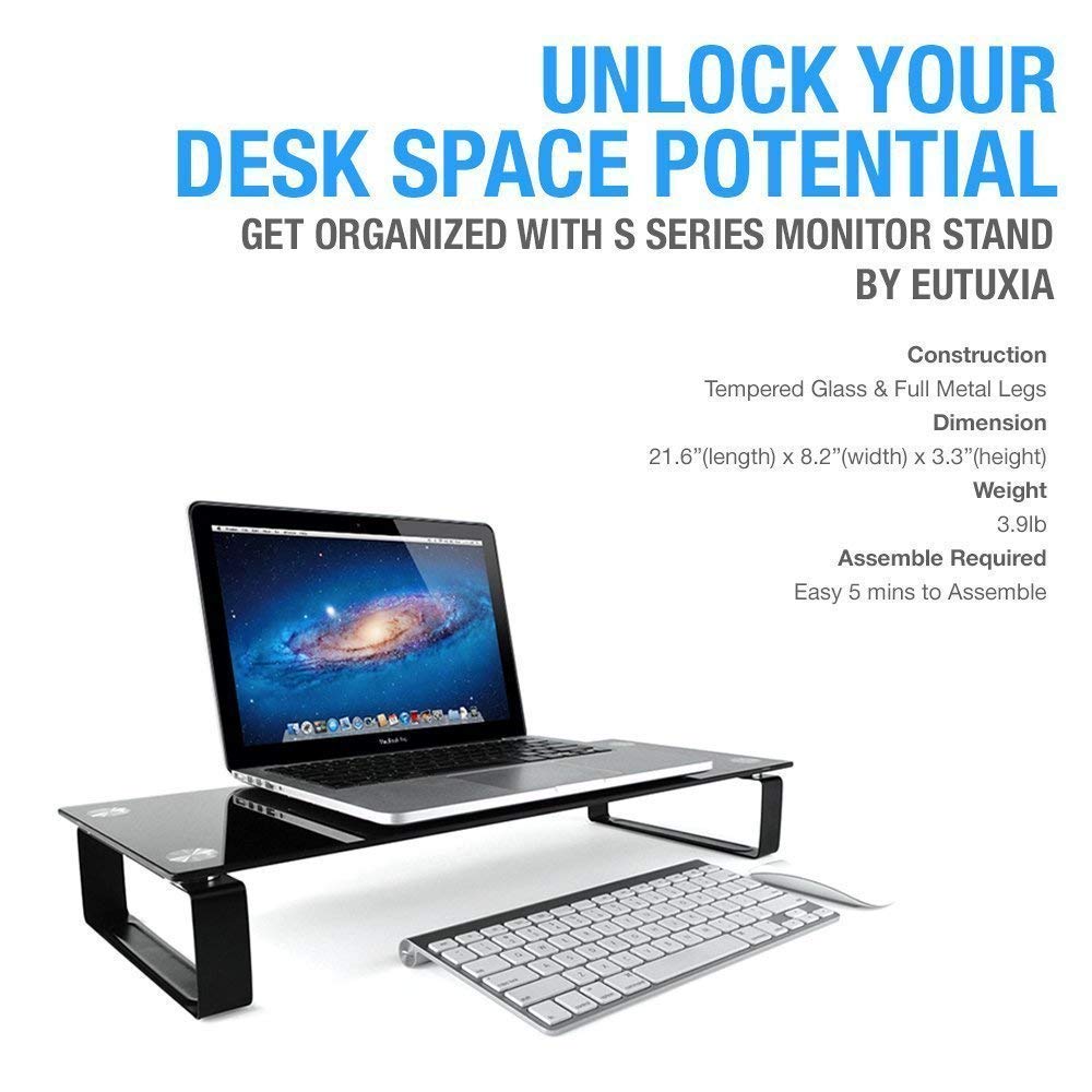 Eutuxia Type-S Black Tempered Glass Monitor Stand, TV, Laptop, Computer, All-In-One Desktop