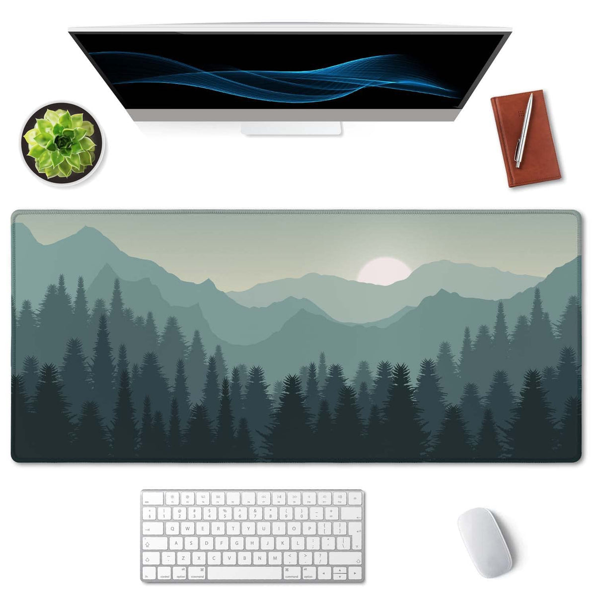 SSOIU Sunset Mountains Landscape Green Desk Mat, Extra Large Desk Mat, Large Gaming Mouse Pad