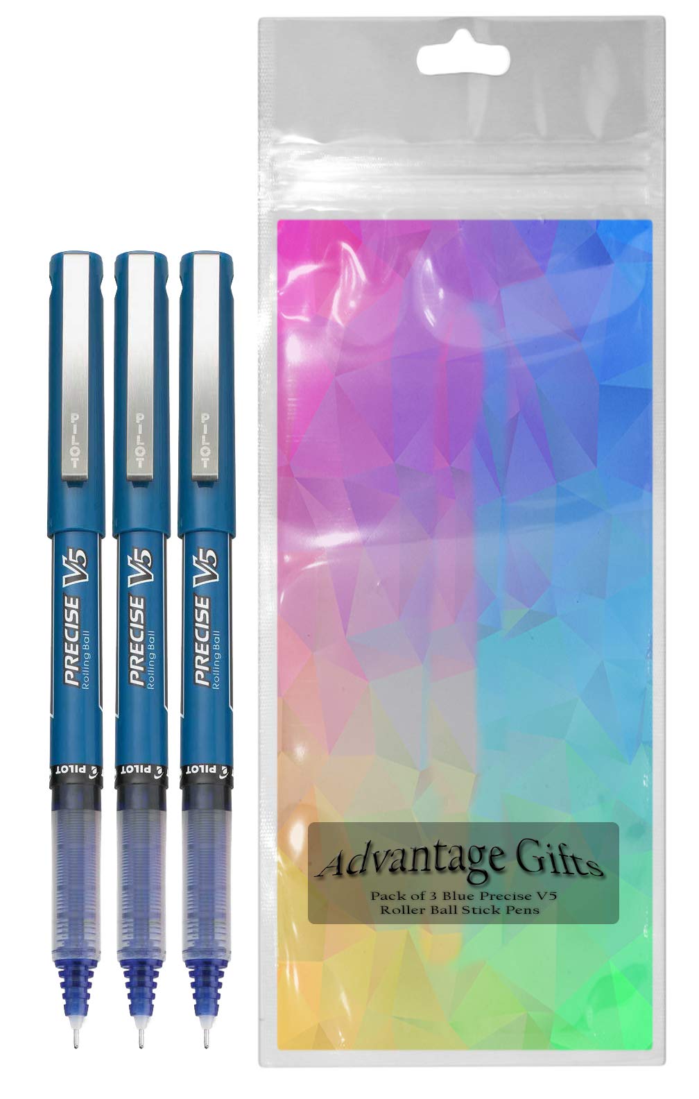 Advantage Gifts Precise V5 Stick Rolling Ball Pens, Extra Fine Point (.5mm), Blue Ink, 3-pk;