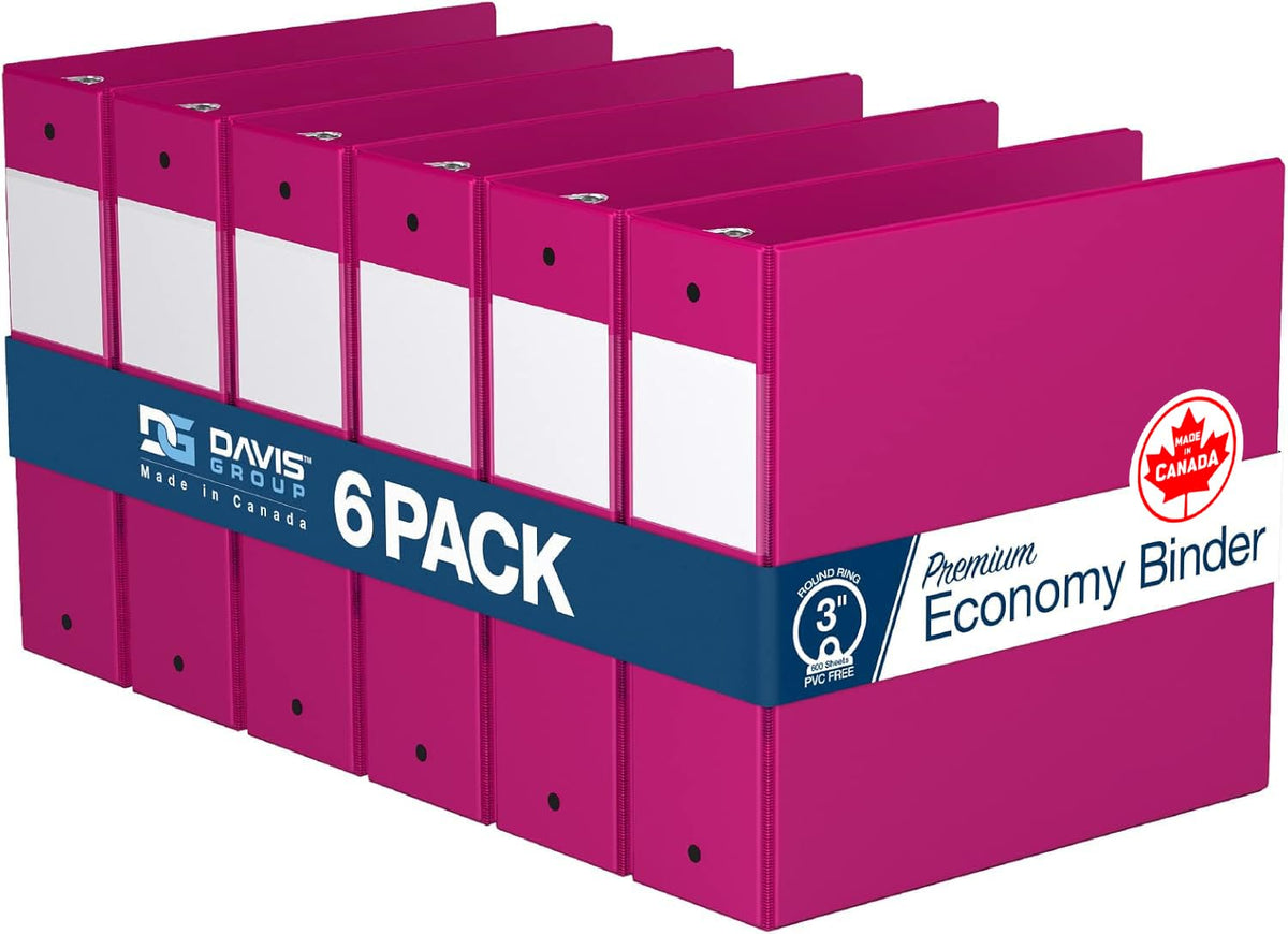 Premium Economy 3-Ring Binder, Spine Label, 3" Round Rings, Pink, 6 Pack