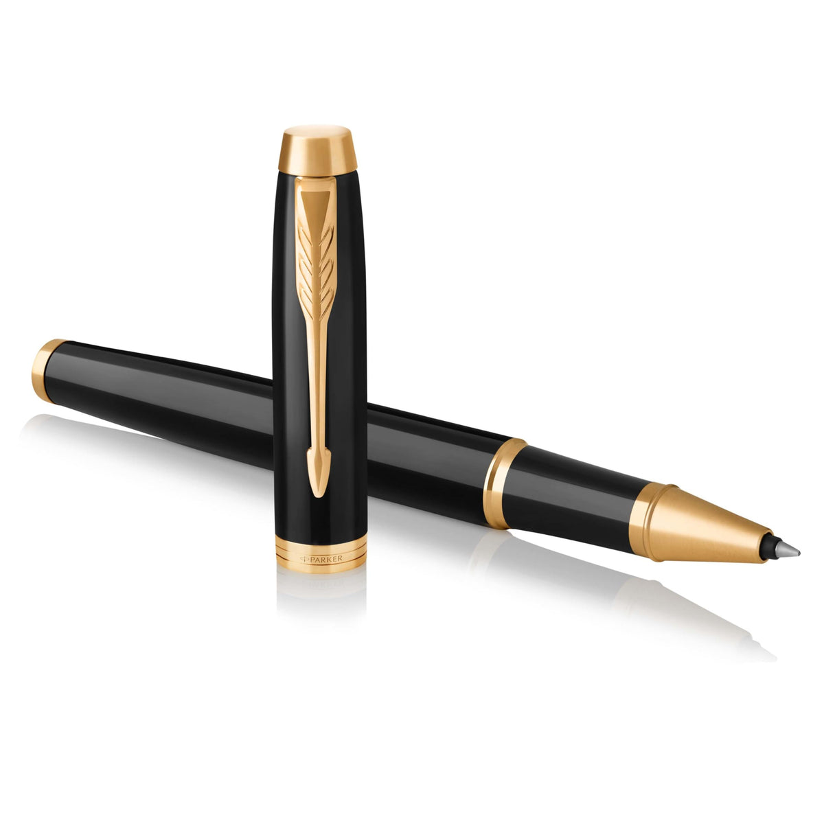 PARKER IM Rollerball Pen, Black Lacquer Gold Trim with Fine Point Black Ink Refill, Gift Box