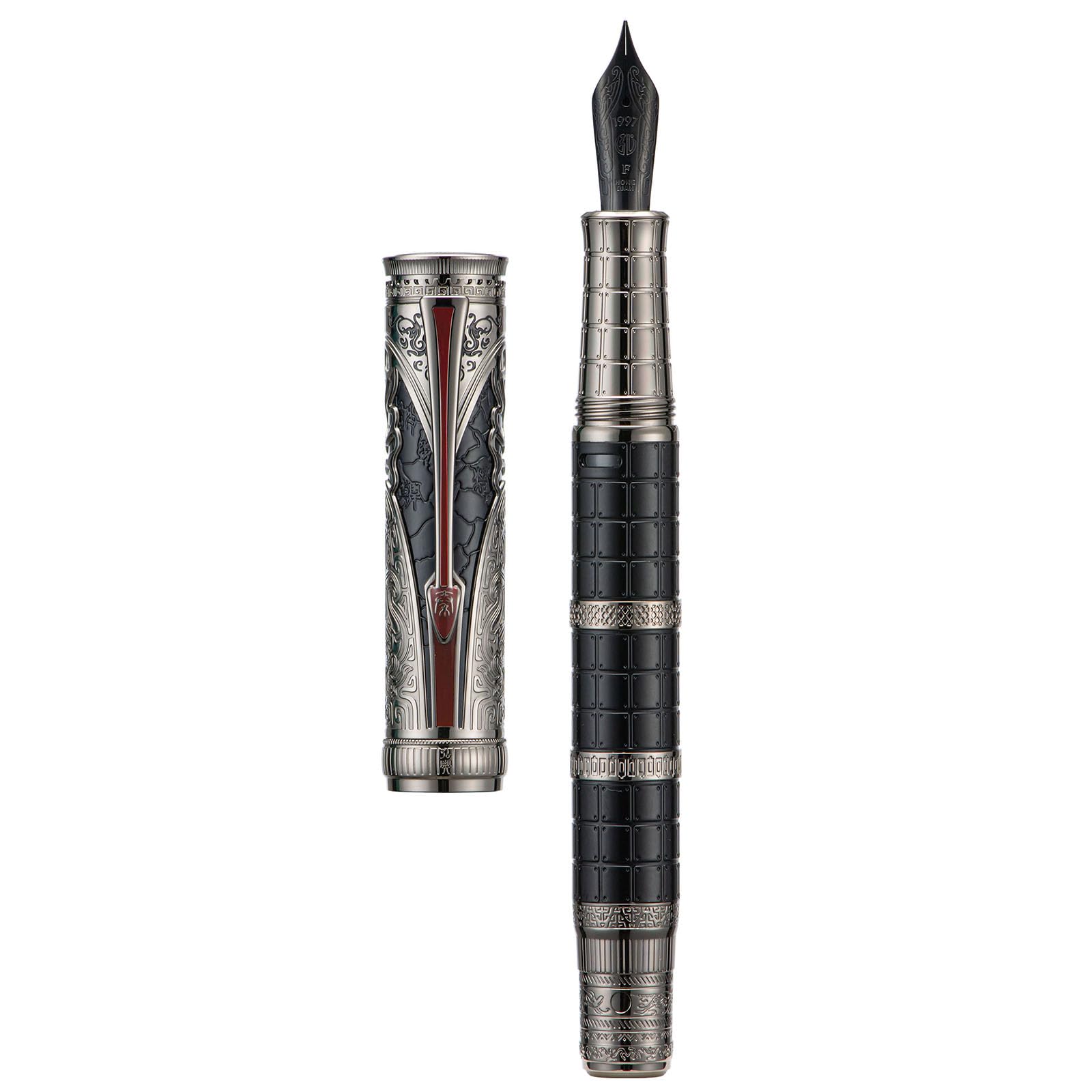 HONG DIAN D5 Qin Dynasty Fountain Pen Black Silver, Fine Nib Piston Filling Pen, Retro Chinese
