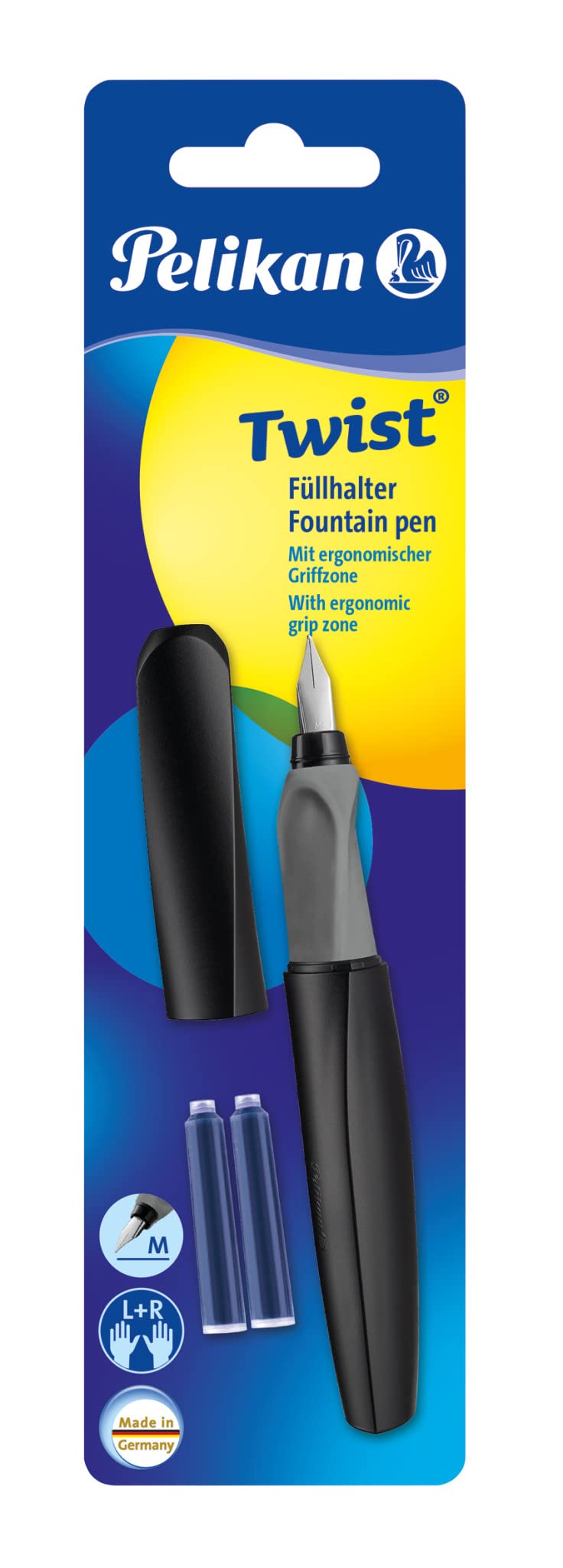 Pelikan Twist Fountain Pen with 2 Ink Cartridges, Medium Nib, Black, Blister Card (946814)