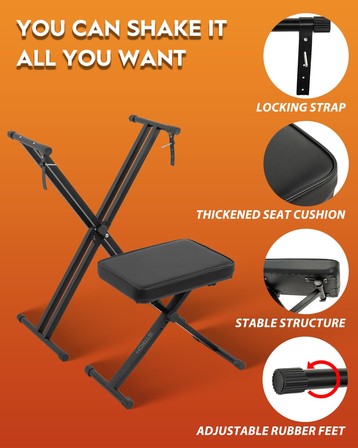 STRICH Piano Keyboard Stand Stool Set, Adjustable Double X-Style Portable Stand for 54-88 Key