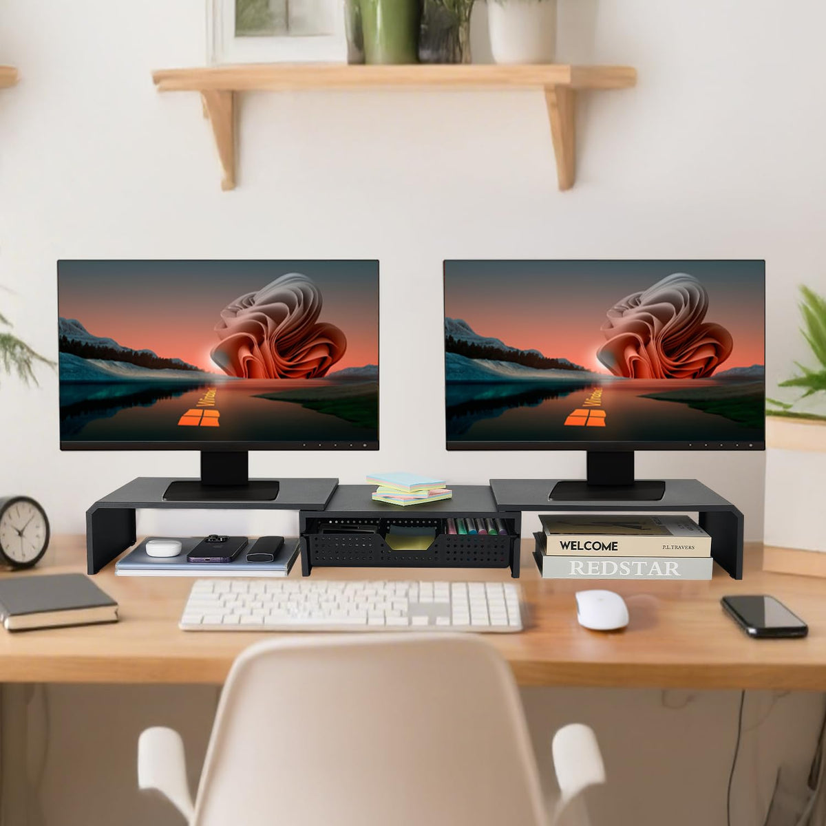LEKETREE Dual Monitor Stand Riser with Drawer, Computer Stand for Desk, Workspace Desktop Stand