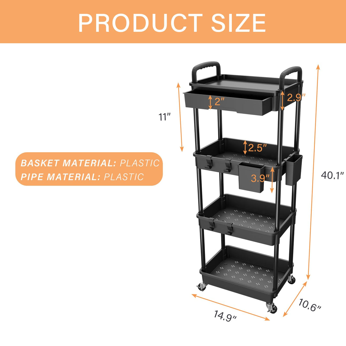 4 Tier Rolling Utility Cart with Drawer,REBECAT Utility Cart Made of Multifunctional Storage