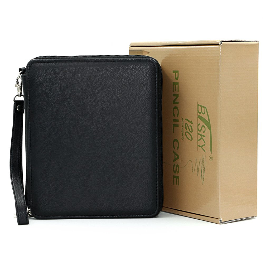 BTSKY Deluxe PU Leather Pencil Case For Colored Pencils - 120 Slot Pencil Holder with Handle Strap