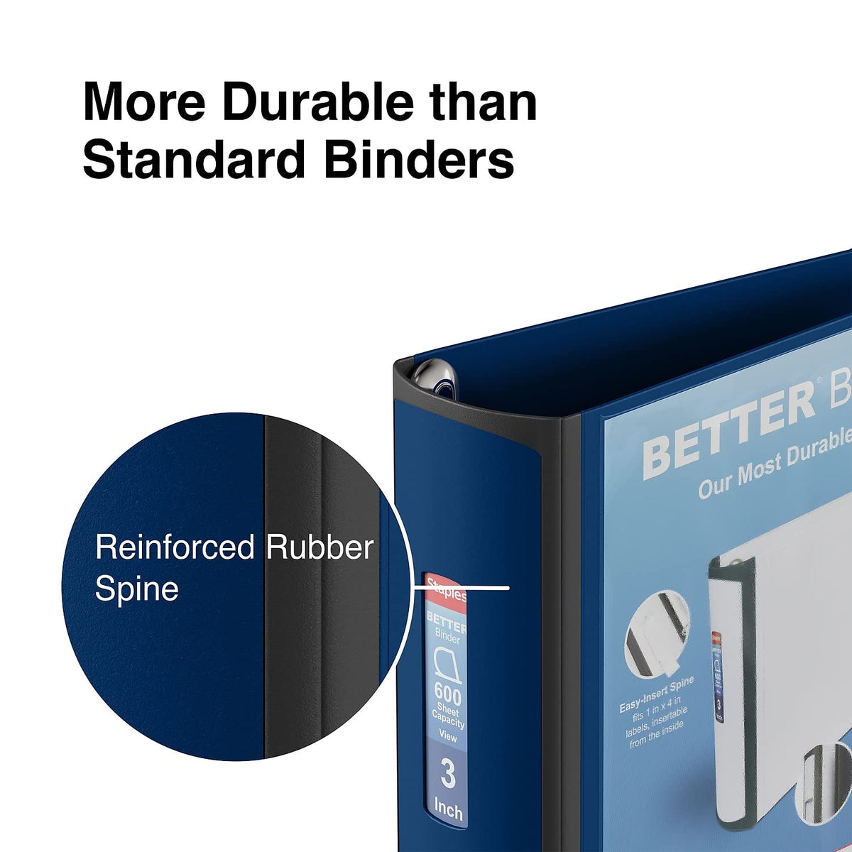 Staples Better Binder, 3 Inch D-Ring, Blue, Reinforced Rubber Spine