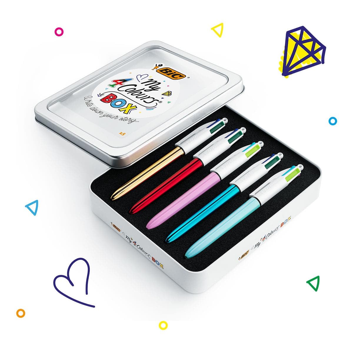 Bic 4 Colours Pens In A Special Metal Tin of 5 Pens, Includes mix of Shine and Bright Barrel