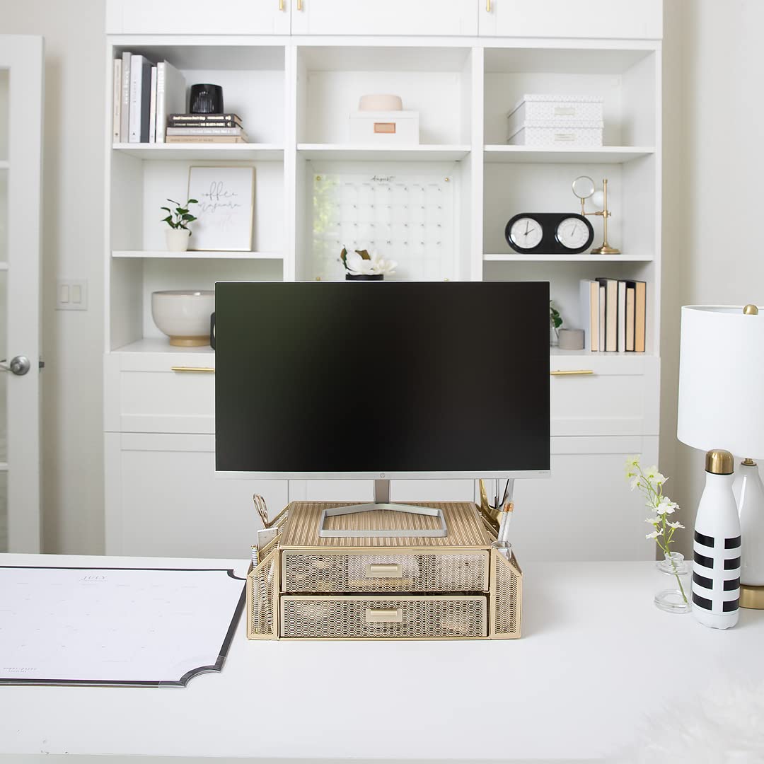 BLU MONACO | Monitor Stand with Drawer Storage | Desk Top Monitor Stand Riser Gold | Computer