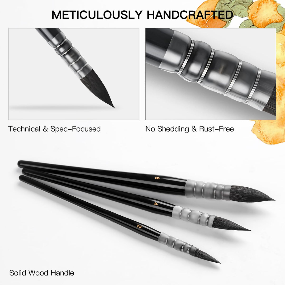 Watercolor Brush Set - Sizes 2,4,6 - Round Quill Fine Tip Mop Brushes, Soft Synthetic Squirrel