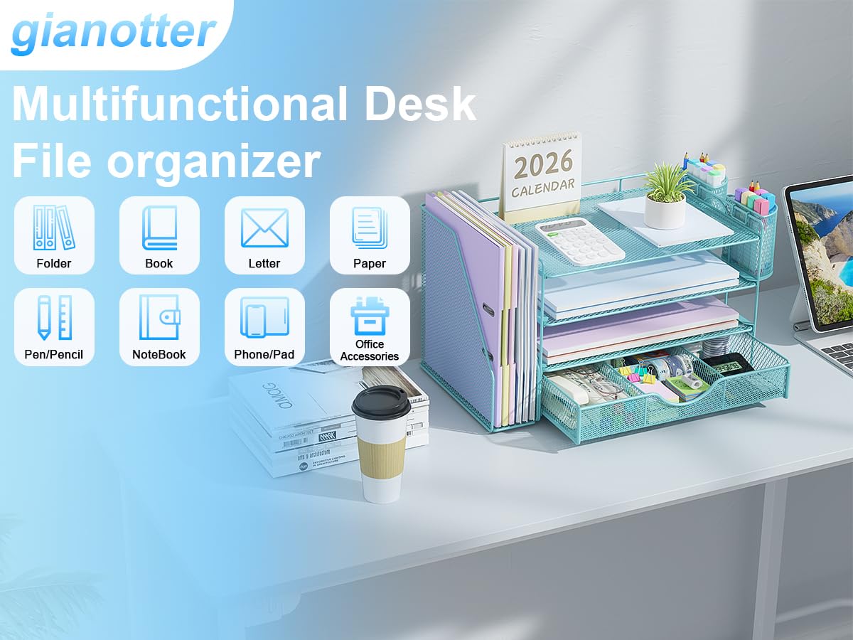 gianotter Desk Organizers and Accessories with File Holder, 4-Tier Desk Accessories & Workspace