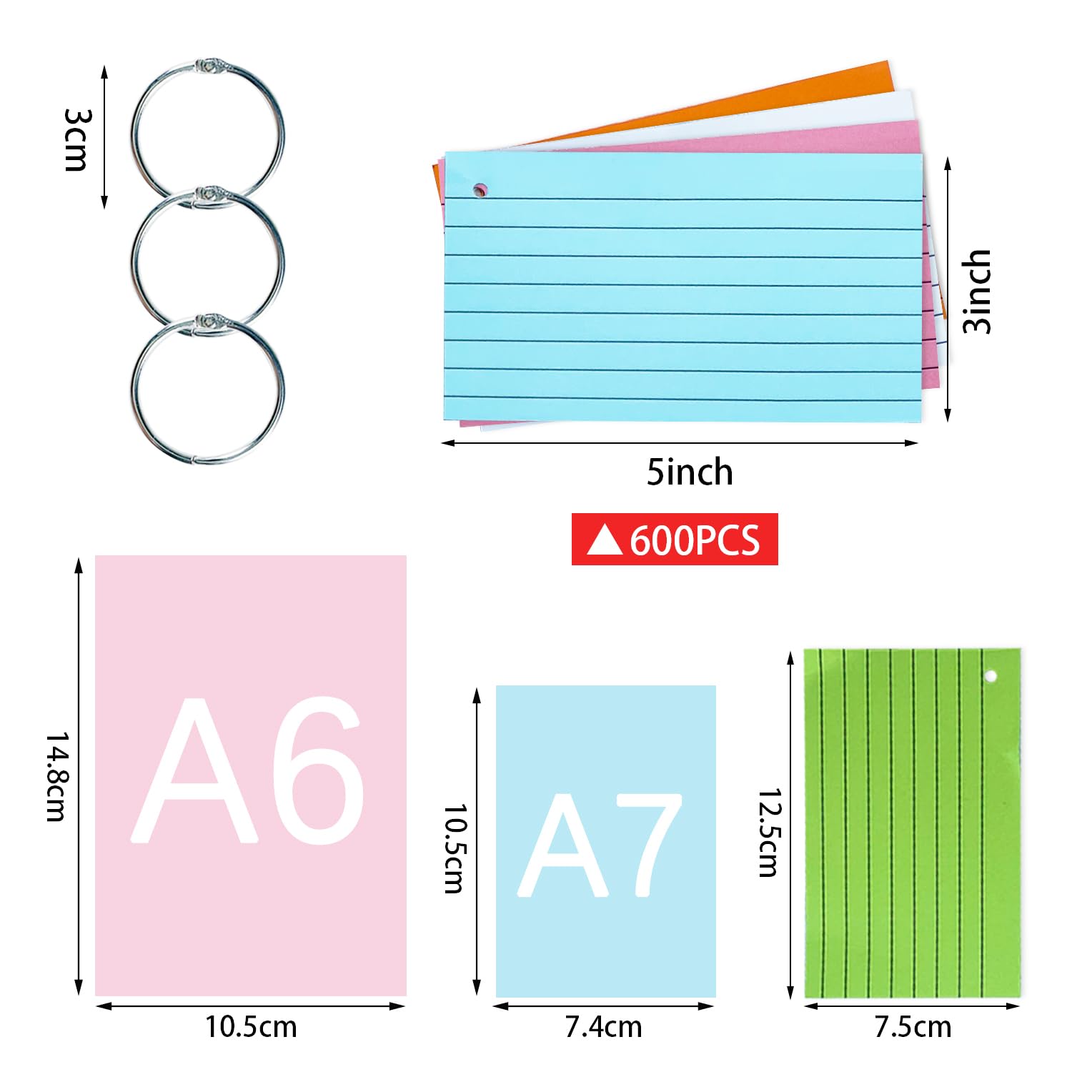 TFLFL Index Cards 3x5 Inch, 600PCS Flash Cards with Rings 8 Colors Ruled Index Cards, Assorted