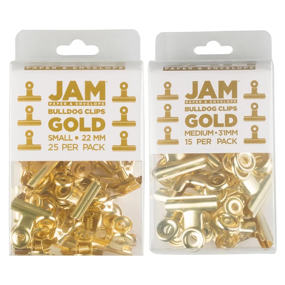 JAM PAPER Metal Bulldog Clips Combo Pack - Small & Medium - 22mm & 31mm - Gold - 40/Pack