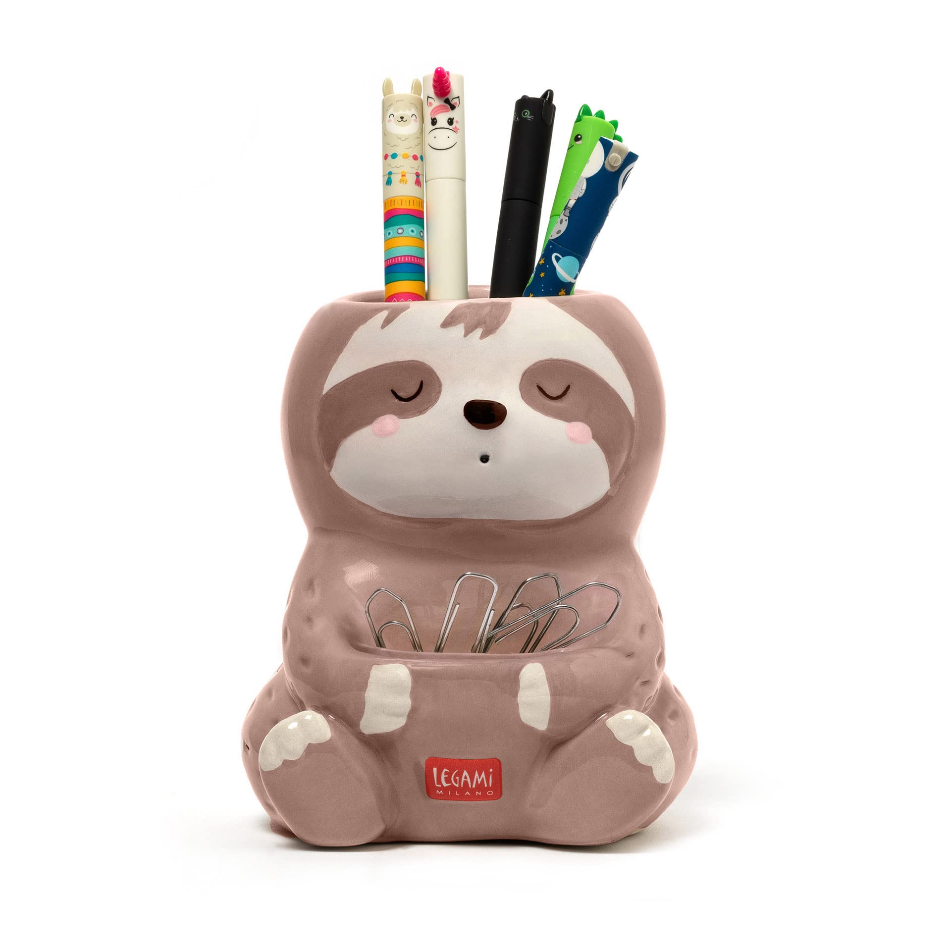 LEGAMI Desk Friends Ceramic Pen Holder, 9.2 x 10.4 cm, Sloth Theme, for Desk, Hand Painted