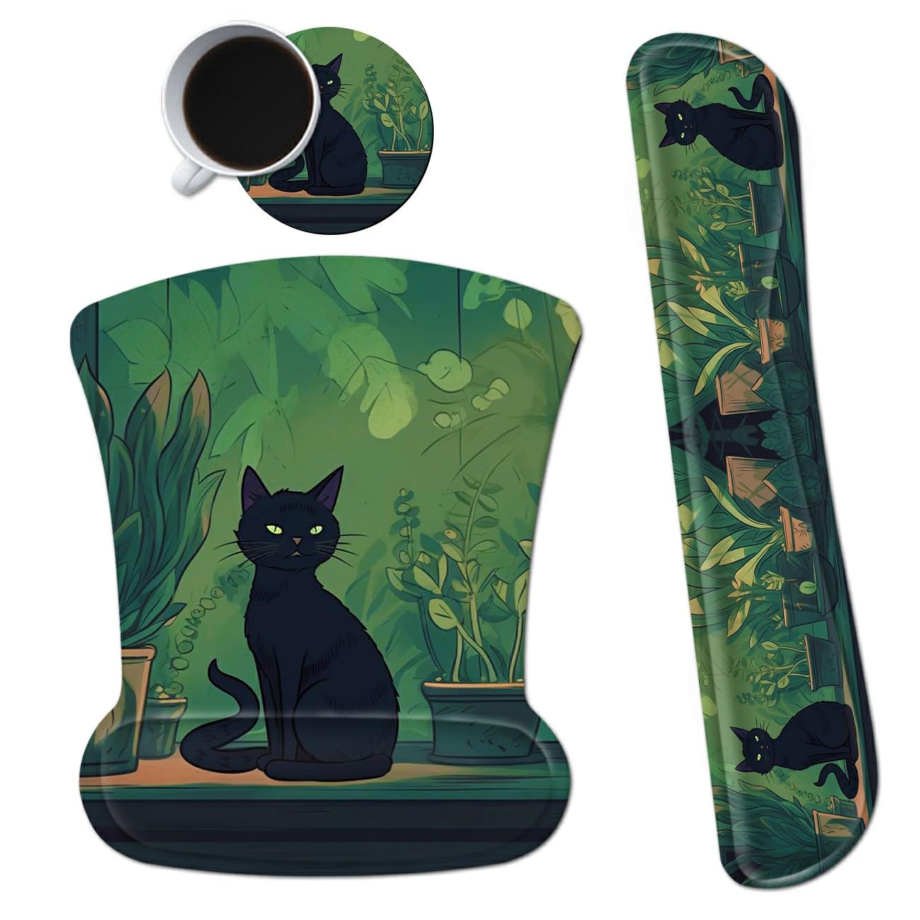 3Pcs Ergonomic Memory Foam Keyboard Wrist Rest Pad Set, Black Cat Leaf