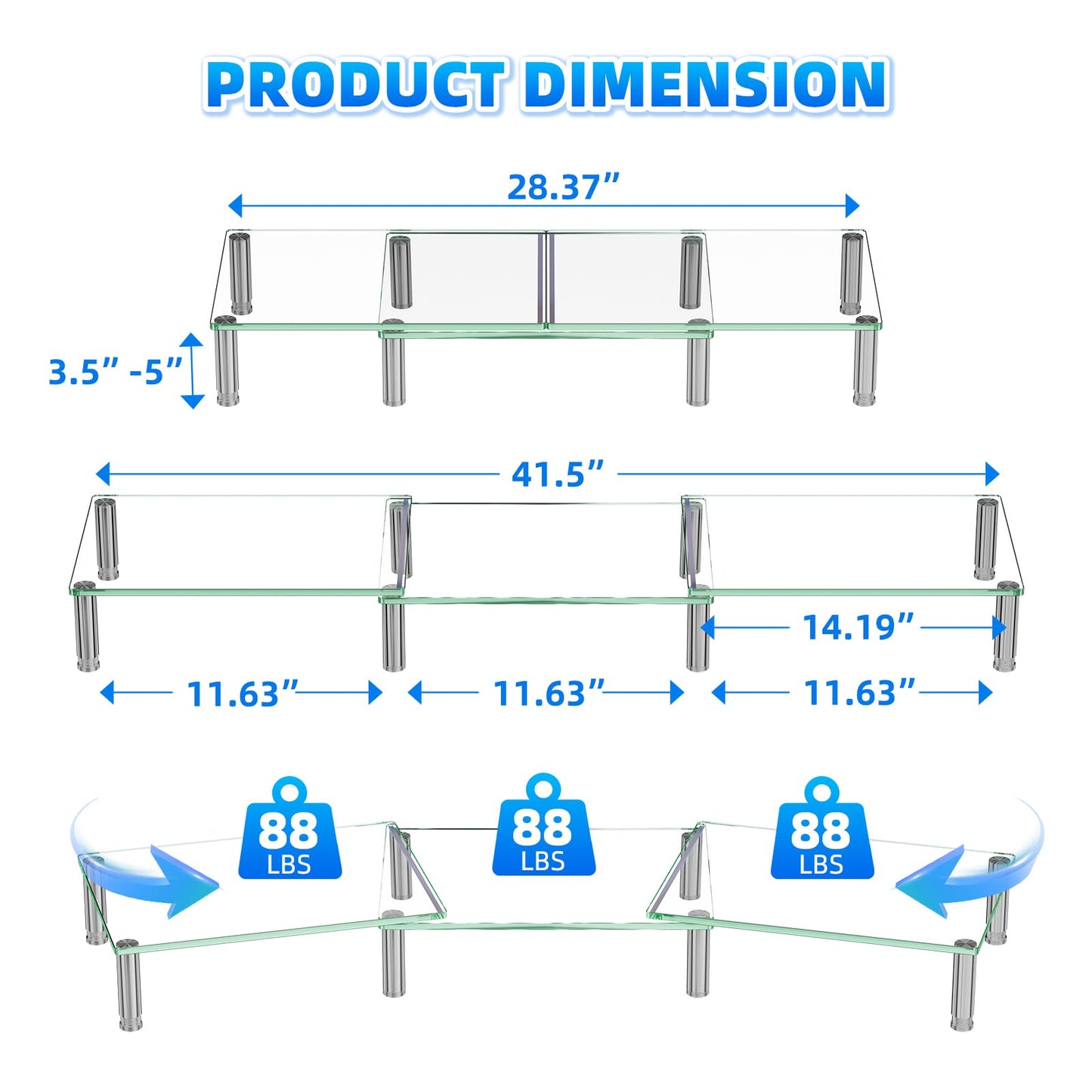 Simple Trending Glass Dual Monitor Stand, Adjustable Length/Height, Clear