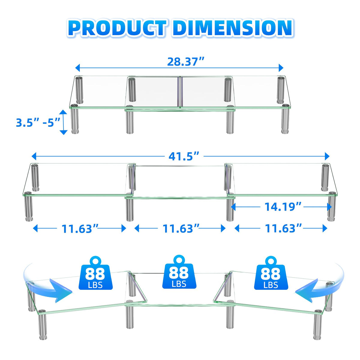 Simple Trending Glass Dual Monitor Stand, Adjustable Length/Height, Clear