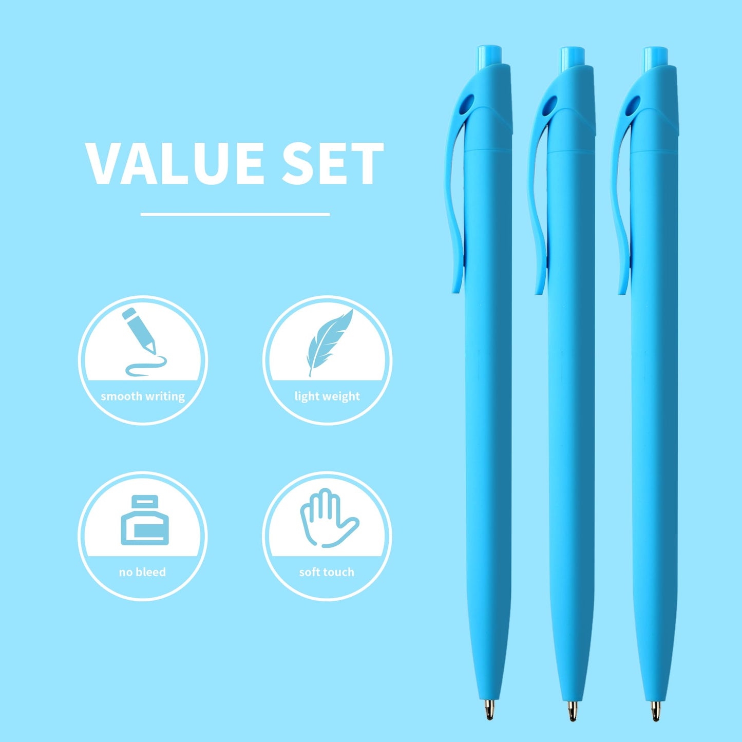 deegtran Pens Bulk, 50 Pack No Bleed Sky Blue Click Pen, Wholesale Retractable Ballpoint Pens, Pens